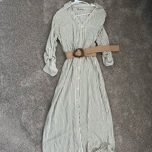 Zara Green Striped Long Sleeve Dress with Tan Belt